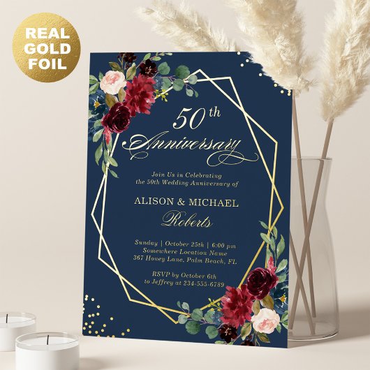 Jubiläum der Burgundy Navy Folieneinladung