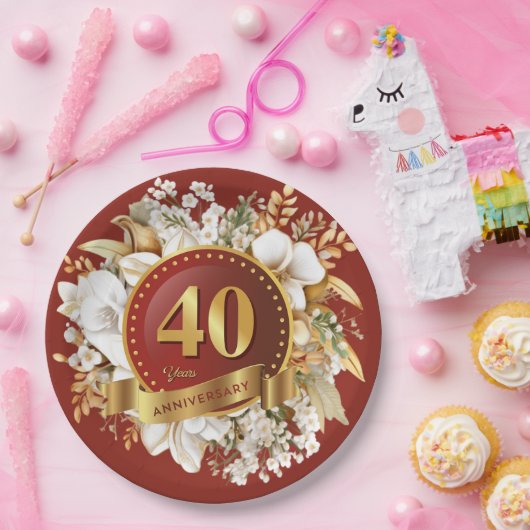 Jubiläum der Hochzeit in Burgund und Gold Pappteller (Party)