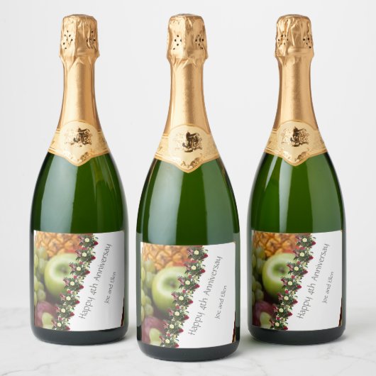 Jubiläum der vierten Hochzeit Früchte und Blume Schaumweinetikett (Flaschen)