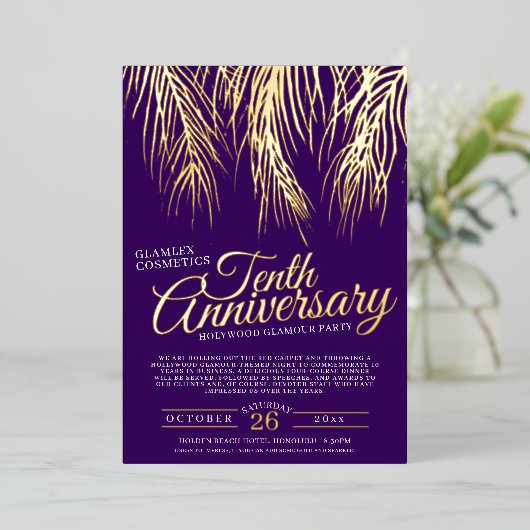 Jubiläum Glamour Party Gold lila Palmen Folieneinladung (Stehend vorne)