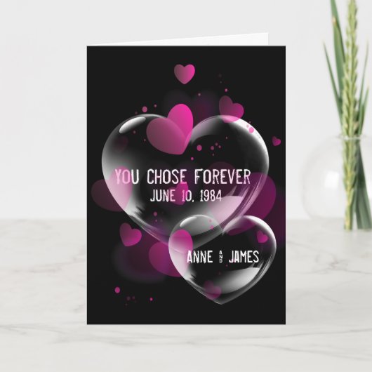 Jubiläum Herzblasen auf schwarz Karte (Vorderseite)