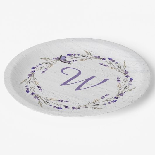 Jubiläum Lavender Wreath Monogram Pappteller (Schrägansicht)
