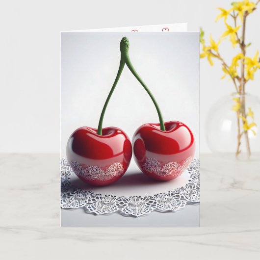 Jubiläum Maraschino Cherries an der Spitze Karte (Gelbe Blume)