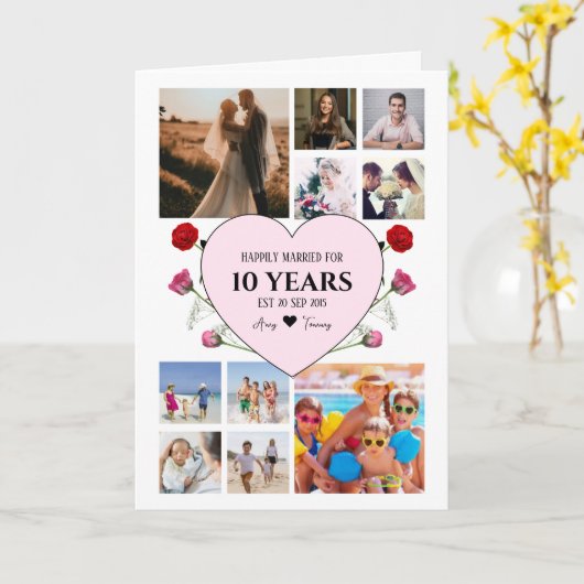 Jubiläum mit rosa Herz und Rose Foto Karte (Gelbe Blume)