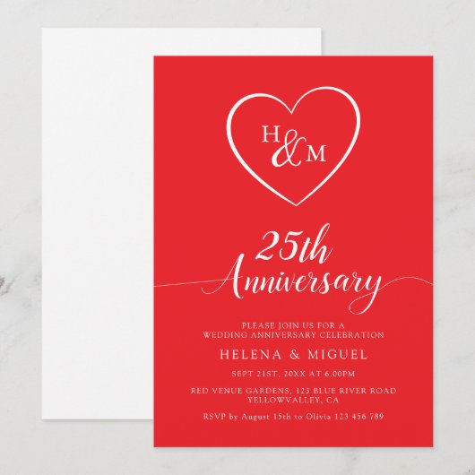 Jubiläum Modernes Herz Monogramm Skript Einladung (Vorne/Hinten)