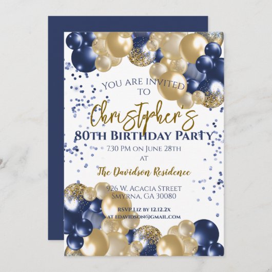 Jubiläum-Navy-Gold-Ballons Einladung (Vorne/Hinten)