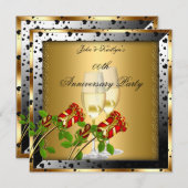 Jubiläum Party Gold Rote Rose Blumen Einladung (Vorne/Hinten)
