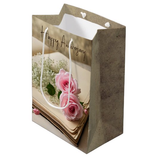 Jubiläum Vintage Scrapbook und Rose Mittlere Geschenktüte (Vorderseite Schrägansicht)