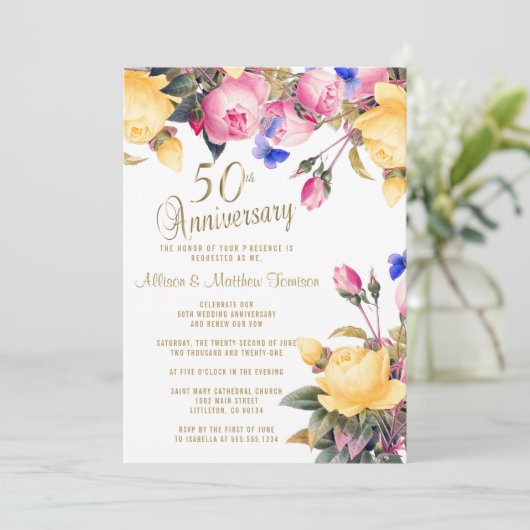 Jubiläum von Weiß und Frühling Blumen 50 Jahre Einladung (Stehend Vorderseite)