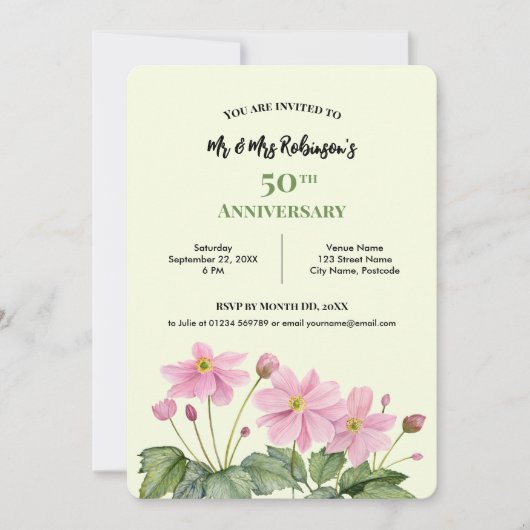 Jubiläum Watercolor Pink Japanisches Anemon Einladung (Vorderseite)