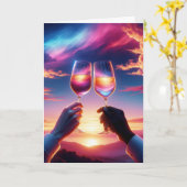 Jubiläum Weintoast bei Sonnenuntergang Karte (Gelbe Blume)