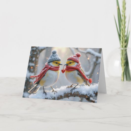 Jubiläum Wintervögel mit rotem Herzen Karte (Vorderseite)