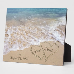 Jubiläums-Strandherzen mit Namen Fotoplatte