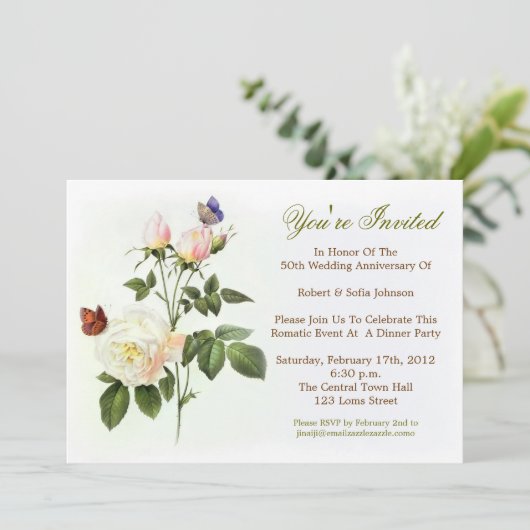 Jubiläumseinladungen in weißen Rosen Einladung (Stehend Vorderseite)