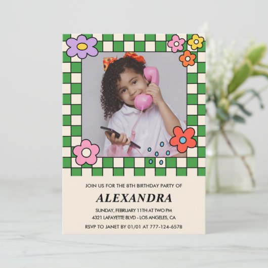 Jubiläumseinladungen Réro Groovy Blume Einladung (Stehend Vorderseite)