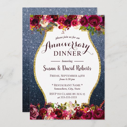 Jubiläumsessen Burgund Blauer Navy Blau Einladung (Vorne/Hinten)
