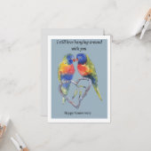 Jubiläumskarte , zwei Liebesvögel und ein Herz. Karte (Vorderseite/Rückseite Beispiel)