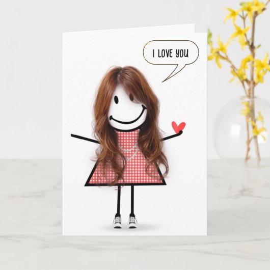 Jubiläumsmädchen mit Sprechblase Karte (Gelbe Blume)