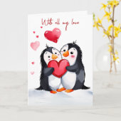 Jubiläumspinguine mit roten Herzen Karte (Gelbe Blume)