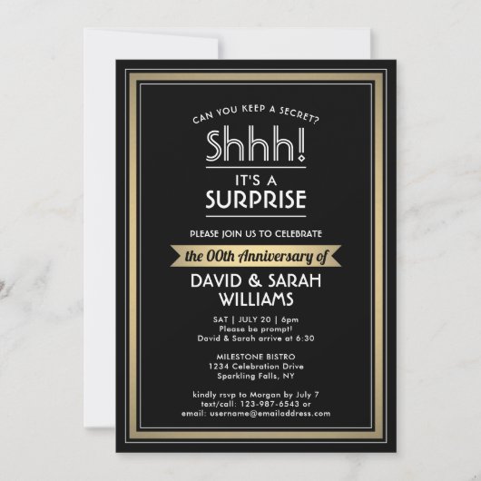 Jubiläumsüberraschung Party Schwarz, Weiß und Gold Einladung (Vorderseite)