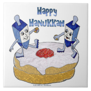 Judaica Frohes Chanukka Tänzerische Dreidels Donut Fliese