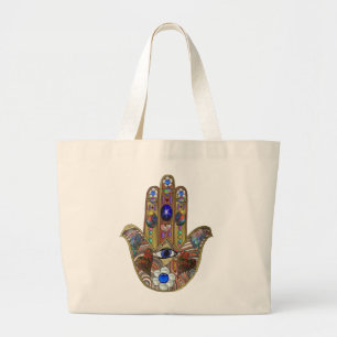 Judaica Hamsa Herzen Blumen Opal Kunst Druck Jumbo Stoffbeutel