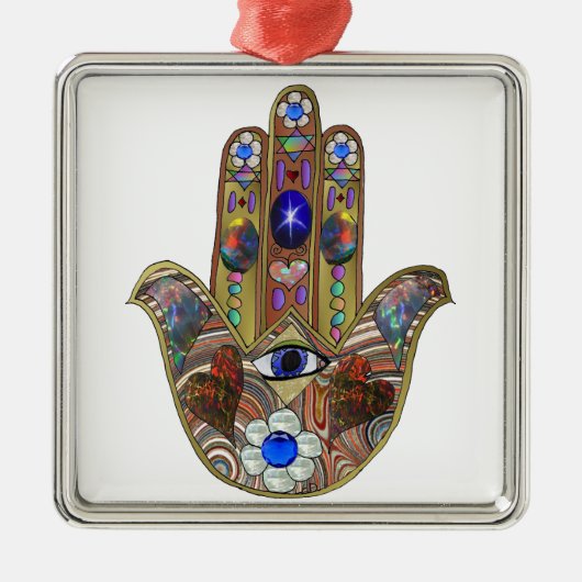 Judaika Hamsa Hört Blume Opal Art Print Ornament Aus Metall (Vorne)