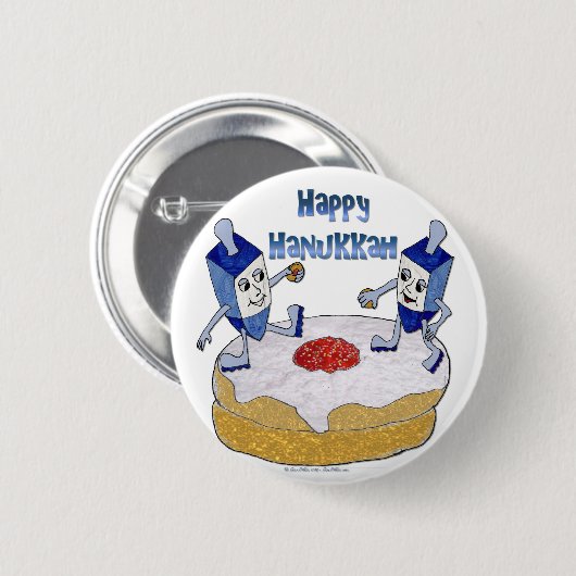 Judaika Happy Hanukkah Dancing Dreidels Doughnut Button (Vorne & Hinten)