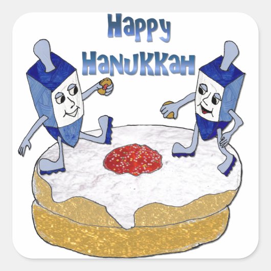Judaika Happy Hanukkah Dancing Dreidels Doughnut Quadratischer Aufkleber (Vorderseite)