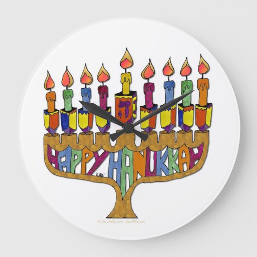 Judaika Happy Hanukkah Dreidel Menorah Große Wanduhr (Vorderseite)