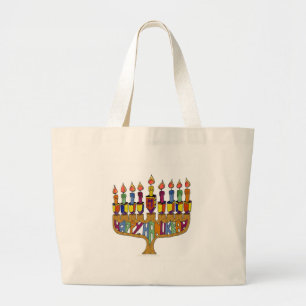 Judaika Happy Hanukkah Dreidel Menorah Jumbo Stoffbeutel