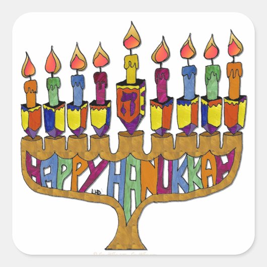Judaika Happy Hanukkah Dreidel Menorah Quadratischer Aufkleber (Vorderseite)