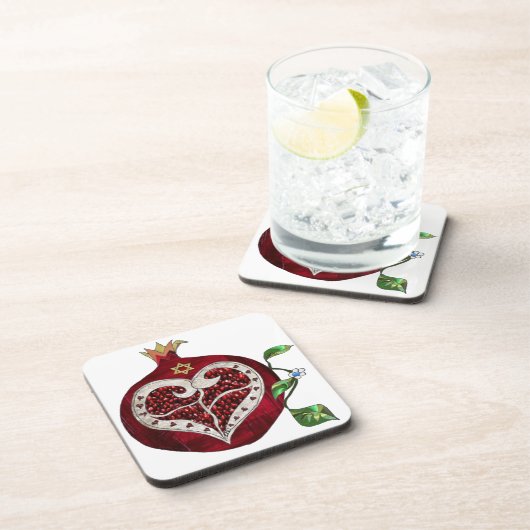 Judaika Pomegranate Heart Hanukkah Rosh Hashanah Getränkeuntersetzer (Rechte Seite)