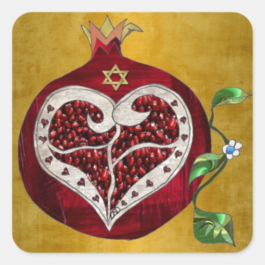 Judaika Pomegranate Heart Hanukkah Rosh Hashanah Quadratischer Aufkleber (Vorderseite)