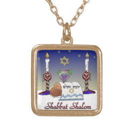 Judaika Shabbat Shalom Art Print Vergoldete Kette