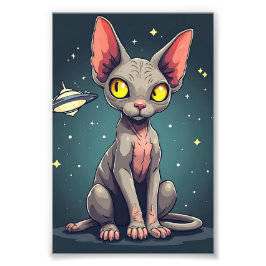 Judging Sphynx Cat UFO Space Cartoon Art Fotodruck