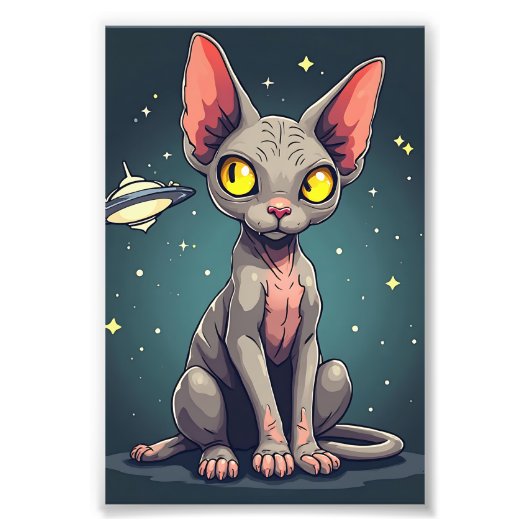 Judging Sphynx Cat UFO Space Cartoon Art Fotodruck (Vorne)