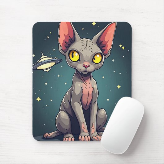 Judging Sphynx Cat UFO Space Cartoon Art Mousepad (Mit Mouse)