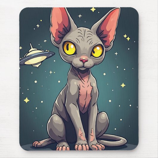 Judging Sphynx Cat UFO Space Cartoon Art Mousepad (Vorne)
