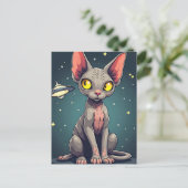 Judging Sphynx Cat UFO Space Cartoon Art Postkarte (Stehend Vorderseite)
