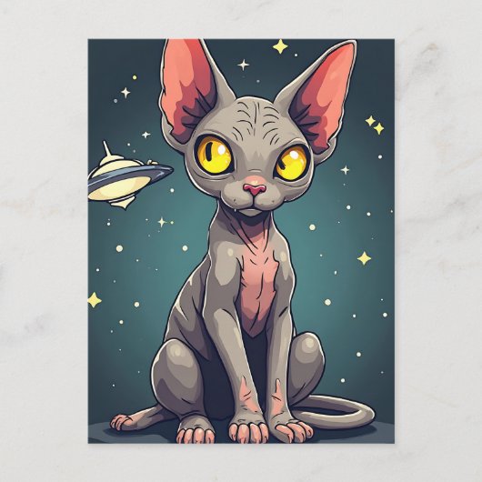 Judging Sphynx Cat UFO Space Cartoon Art Postkarte (Vorderseite)