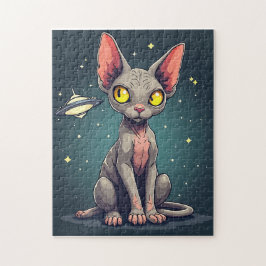 Judging Sphynx Cat UFO Space Cartoon Art Puzzle