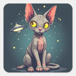 Judging Sphynx Cat UFO Space Cartoon Art Quadratischer Aufkleber