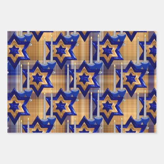 Jüdisch-Candlesticks-and-Stars-SET-3 Geschenkpapier Set (Vorderseite 2)