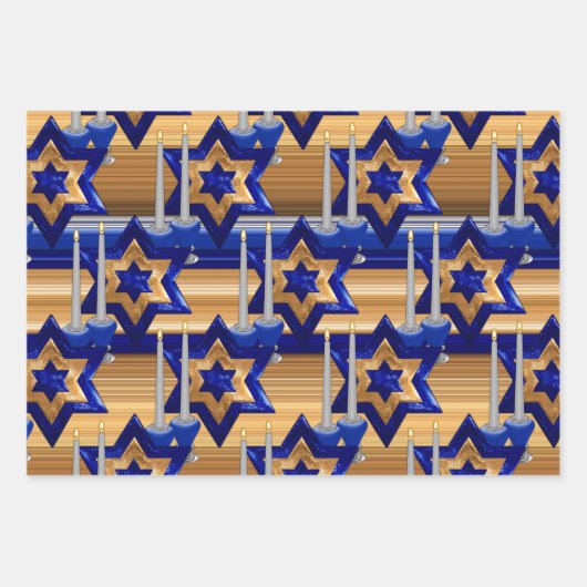 Jüdisch-Candlesticks-and-Stars-SET-3 Geschenkpapier Set (Vorderseite 3)