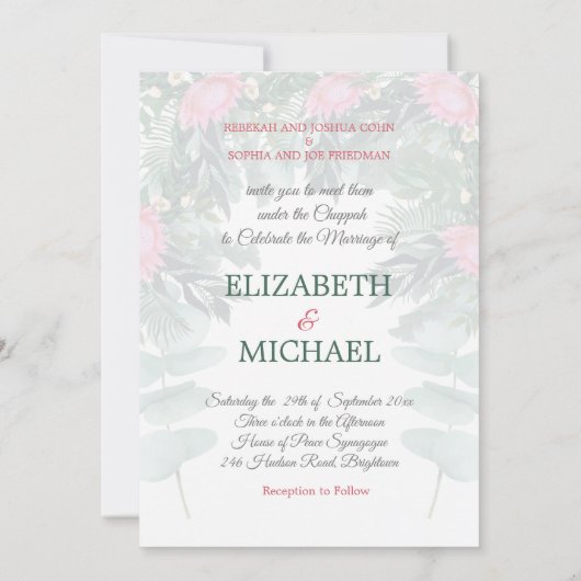 Jüdisch Floral Wedding Chuppah Eucalyptus Protea Einladung (Rückseite)