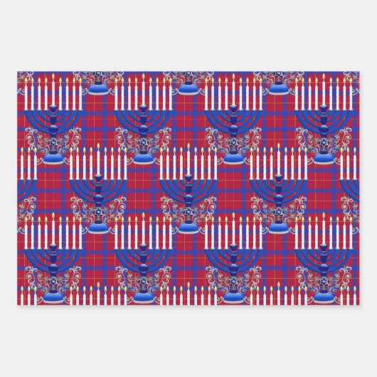 jüdisch-menorah-Kariert-Granatrot Geschenkpapier Set (Vorderseite)