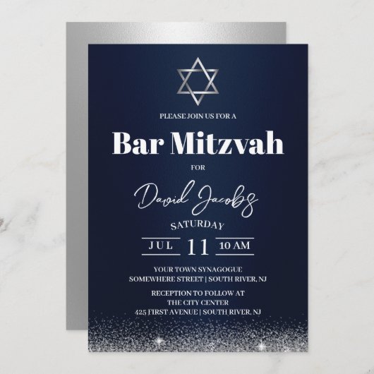 Jüdische Bar Mitzvah Star der David Modern Navy Bl Einladung (Vorne/Hinten)