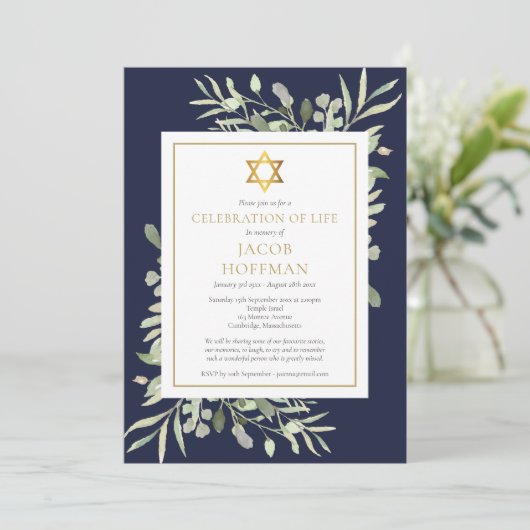 Jüdische Beerdigung der Lebensgrün Blau Einladung (Stehend Vorderseite)