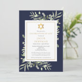 Jüdische Feier des Life Navy Blue Foliage Foto Einladung (Stehend Vorderseite)